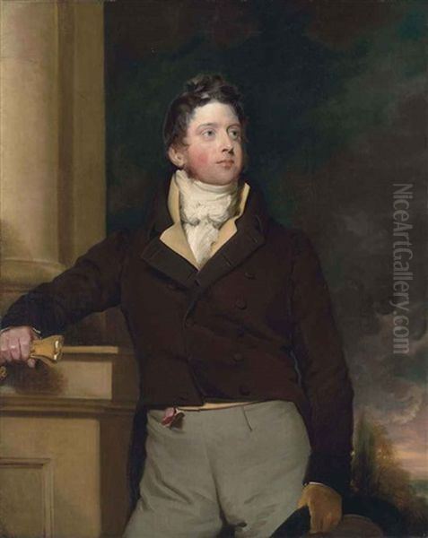 Portrait Of A Gentleman In A Brown Double-brested Frock Coat And A Neck-cloth, Holding Gloves And A Top Hat, Leaning On The Pedestal Of A Column... Oil Painting by Thomas Lawrence