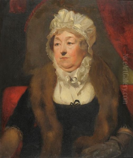 Portrait Of A Lady, Seated, Wearing A Black Dress, Fur Stole And White Bonnet Oil Painting by Thomas Lawrence