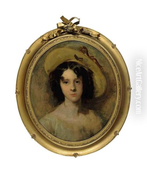 Portrait Of A Girl, In White With A Yellow Hat Oil Painting by Thomas Lawrence