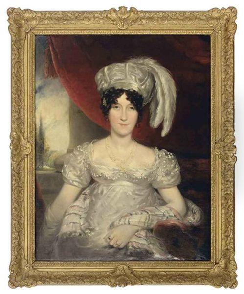 Portrait Of A Lady Wearing A Decorative White Dress And White Headdress With Feathers Oil Painting by Thomas Lawrence