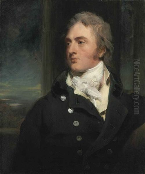 Portrait Of Sir George Cornewall, 3rd Bt., Of Mocass Court, In A Black Coat And A White Stock, A Landscape Beyond Oil Painting by Thomas Lawrence