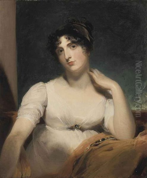 Portrait Of Mrs Henry Ker-seymer, Seated, In A White Dress, Her Left Arm Resting On An Orange Mantle Oil Painting by Thomas Lawrence