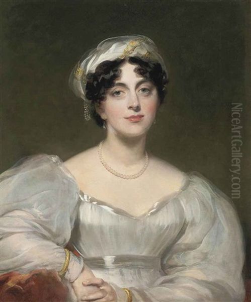 Portrait Of A Lady, Traditionally Identified As Mrs Finch, In A White Dress With A Pearl Necklace And A Headdress Oil Painting by Thomas Lawrence