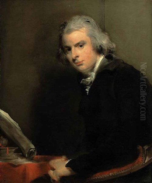 Portrait Of Samuel Rose In A Black Coat And White Stock, Seated At A Red Draped Table, With Books And A Stack Papers Oil Painting by Thomas Lawrence