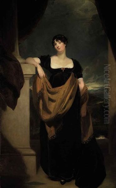 Portrait Of Mrs James Du Pre In A Dark Dress By A Pedestal Of A Column, A Mountainous Landscape Beyond by Thomas Lawrence