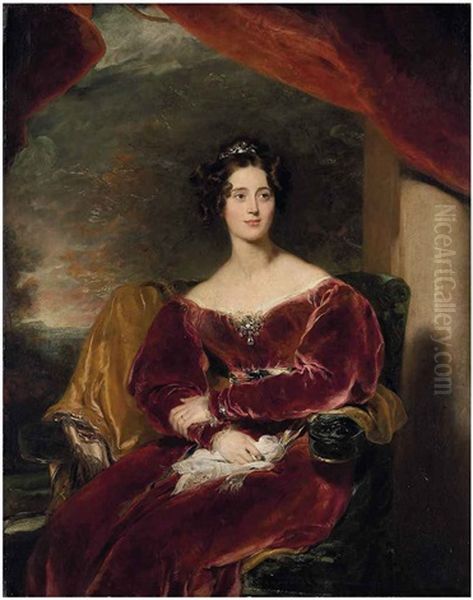 Portrait Of Mary, Countess Of Wilton Seated, In A Red Velvet Dress With A Brooch, A Landscape Beyond Oil Painting by Thomas Lawrence