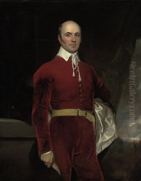 Portrait Of A Gentleman In A Red Coat And White Shirt, Standing Beside A Table Oil Painting by Thomas Lawrence