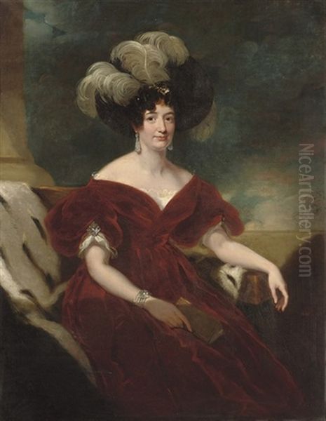 Portrait Of A Lady, Three-quarter-length, Seated In A Red Velvet Dress, And A Black Plumed Hat Oil Painting by Thomas Lawrence