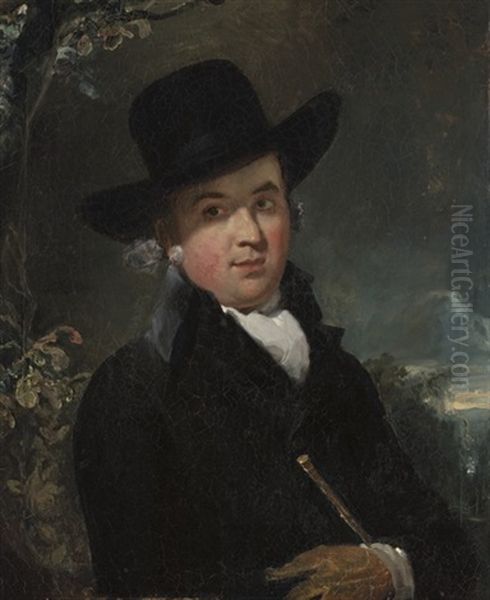 Portrait Of The Rev. Andrew Lawrence In A Dark Coat And Hat, Holding A Cane, In A Landscape Oil Painting by Thomas Lawrence