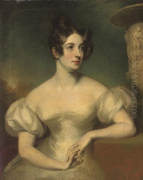 Portrait Of A Lady, In An Oyster Satin Dress, Seated By A Stone Urn, A Landscape Beyond Oil Painting by Thomas Lawrence