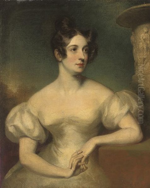 Portrait Of A Lady In An Oyster Satin Dress, Seated By A Stone Urn, A Landscape Beyond Oil Painting by Thomas Lawrence