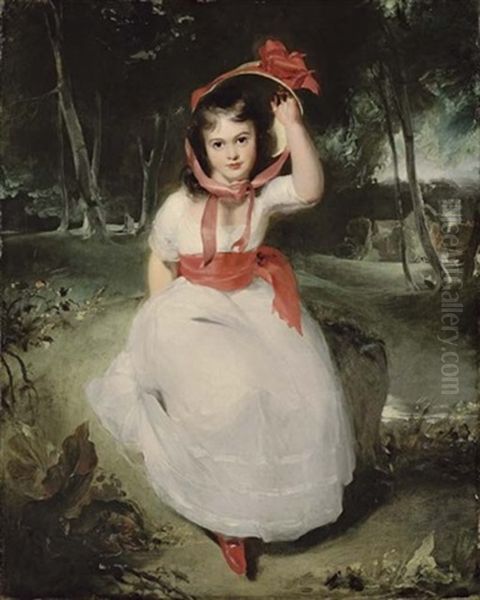 The Woodland Maid - Portrait Of Miss Emily De Visme, Seated In A Wooded Landscape, In A White Dress With A Pink Sash Oil Painting by Thomas Lawrence