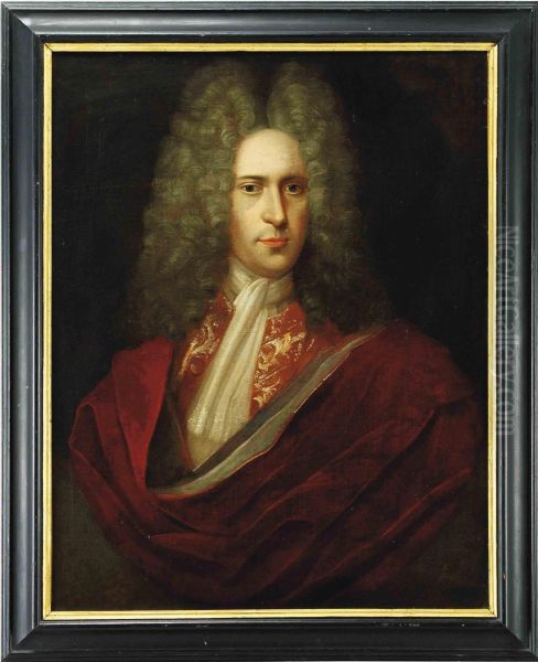 Portrait Of A Gentleman, Bust-length, In A Burgundy Wrap And Whitestock, Feigned Oval Oil Painting by Alexis Simon Belle