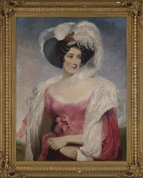 Portrait Of Mrs. Thomas Holroyd In A Pink Dress With Matching Cloak And Feathered Hat Oil Painting by Thomas Lawrence