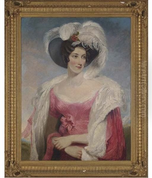 Portrait Of Mrs. Thomas Holroyd In A Pink Dress With Matching Cloak And Feathered Hat Oil Painting by Thomas Lawrence