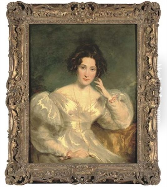 Portrait Of Mrs Sinclair, Three-quarter-length, In A White Dress, An Eyeglass On A Chain Around Her Neck Oil Painting by Thomas Lawrence