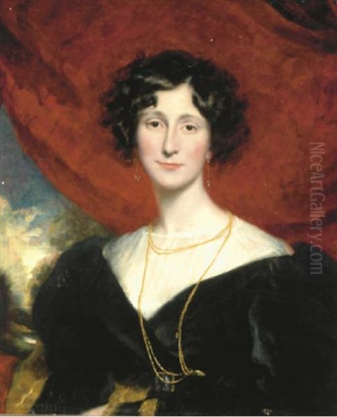 Portrait Of A Lady (lady Mostyn?), Half-length, In A White Chemise And Black Dress, A Landscape Beyond Oil Painting by Thomas Lawrence