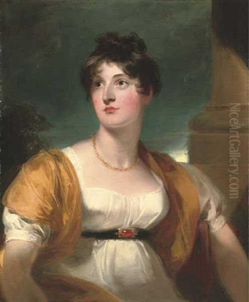 Portrait Of Anne, Lady Lethbridge (d.1857), Half-length, Seated In A White Dress With A Gold Wrap, By A Pillar Oil Painting by Thomas Lawrence