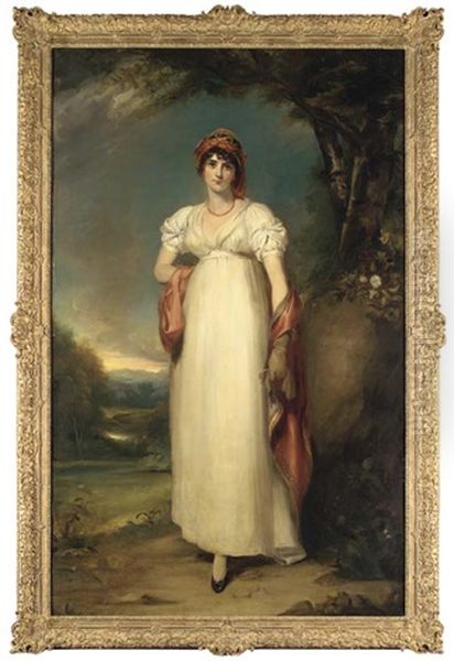 Portrait Of Mrs. John Halkett, Full-length, In A White Dress, With An Embroidered Headdress And Shawl, In An Extensive Landscape Oil Painting by Thomas Lawrence