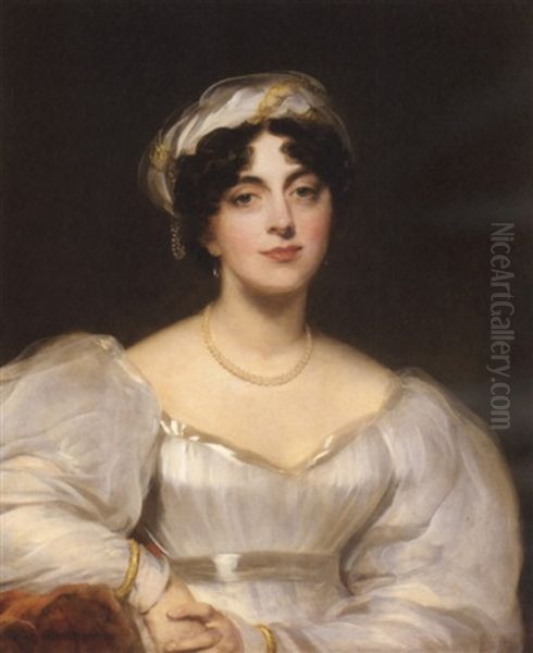 Portrait Of A Lady (mrs. Finch?) Wearing A White Dress With A White And Gold Turban Oil Painting by Thomas Lawrence