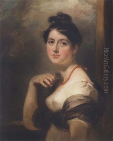 Portrait Of Elizabeth Williams Of Gwersylt Park, Denbighshire, Wearing A Cream Dress And A Brown Wrap With A Red Necklace Oil Painting by Thomas Lawrence