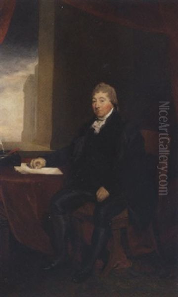 Portrait Of Sir Robert Wigram, 1st. Bt., Seated In An Interior Beside A Draped Table, His Left Hand Resting On Some Papers Oil Painting by Thomas Lawrence