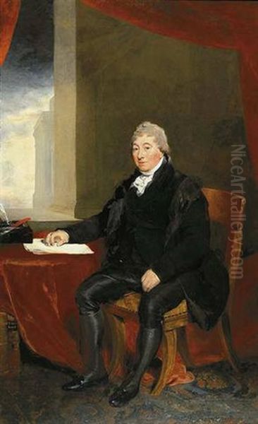 Portrait Of Sir Robert Wigram, 1st Bt., Seated Beside A Draped Table, His Hand Resting On Some Papers, A Classical Portico Visible Beyond Oil Painting by Thomas Lawrence