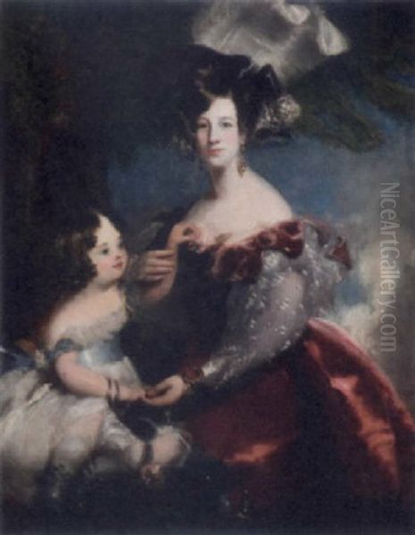 Portrait Of A Lady In A Red Dress And Plummed Hat, With A Child In A White Dress Oil Painting by Thomas Lawrence