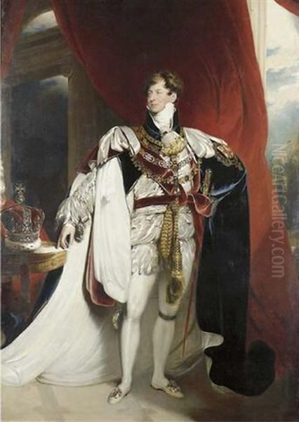 Portrait Of King George Iv In Garter Robes, His Crown On A Table At His Side, In An Interior by Thomas Lawrence