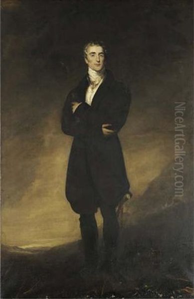 Portrait Of Arthur Wellesley, 1st Duke Of Wellington, In A Black Coat And Breeches, His Arms Folded, Wearing The Badge Of The Order Of The Golden Fleece, Holding A Baton, In A Coastal Landscape Oil Painting by Thomas Lawrence