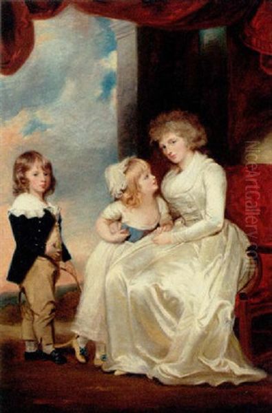 Portrait Of A Mother With Her Two Children, The Mother In A White Dress, In A Loggia With A Landscape Beyond Oil Painting by Thomas Lawrence