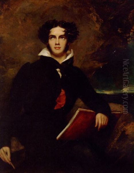 Portrait Of George Gordon Byron, 6th Baron Byron, In A Black Coat, Resting A Folio On His Knee, In A Rocky Lanscape Oil Painting by Thomas Lawrence