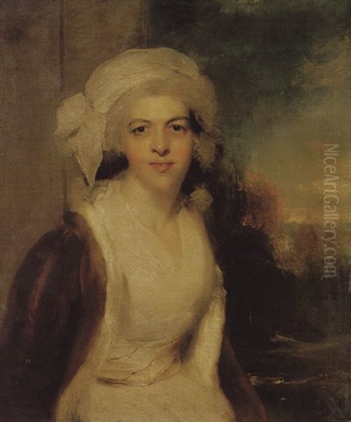 Portrait Of Rebecca, Lady Simeon, Wearing A White Dress And Fur Wrap, With A Landscape Beyond Oil Painting by Thomas Lawrence