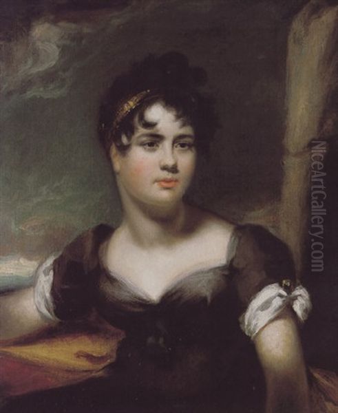 Portrait Of Mary-anne Charlotte Brotherton Wearing A Black Dress, And A Gold Headdress, With A Landscape Beyond Oil Painting by Thomas Lawrence