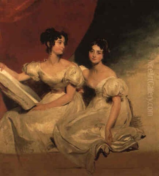 Double Portrait Of The Fullerton Sisters In White Dresses Near A Red Curtain Oil Painting by Thomas Lawrence