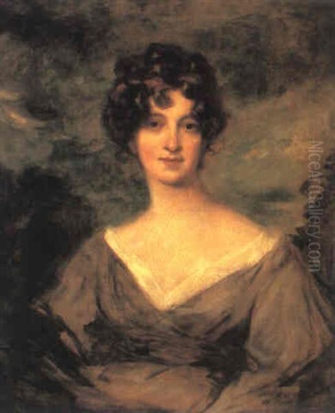 Portrait Of Miss Mary Usticke Of Woodland, Half Length In A Brown Dress, A Red Ribbon In Her Hair Oil Painting by Thomas Lawrence