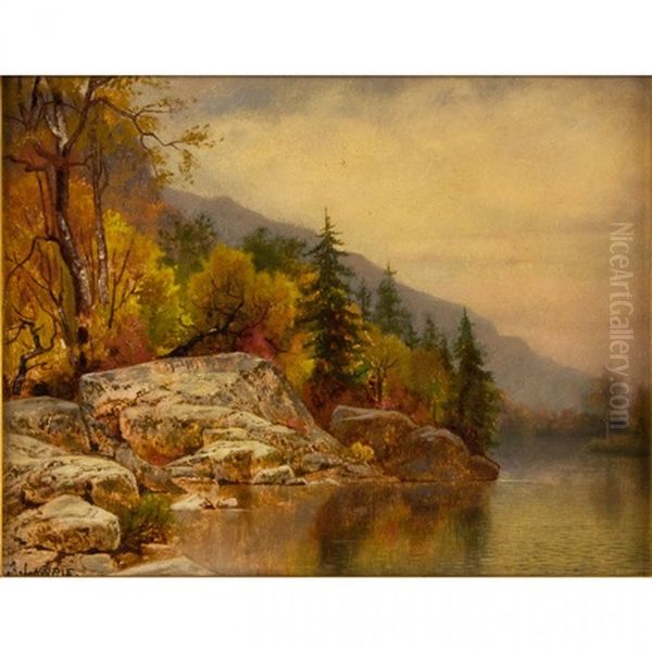 Mountain Lake With Rocky Shoreline In Autumn Oil Painting by Alexander Lawrie