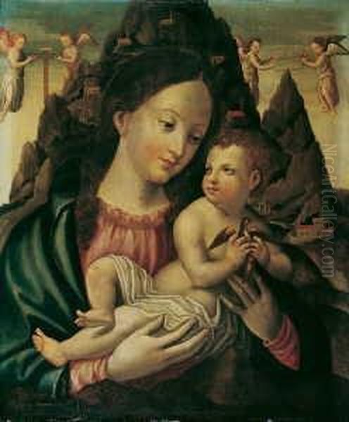 Madonna Mit Dem Einen Vogel Haltenden Kind. Im Hintergrund Engel Mit Den Passionswerkzeugen Und Berglandschaft. Oil Painting by Jean Bellegambe