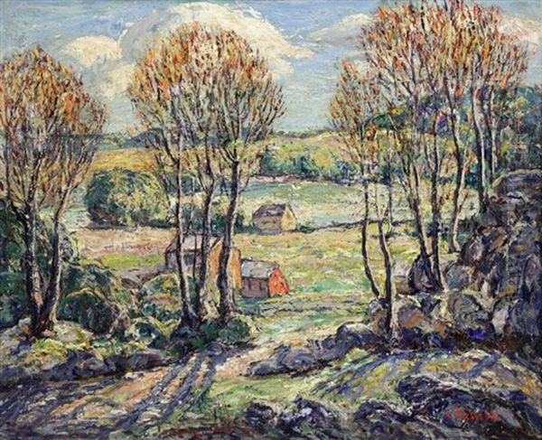 Landscape With Red Barn Oil Painting by Ernest Lawson