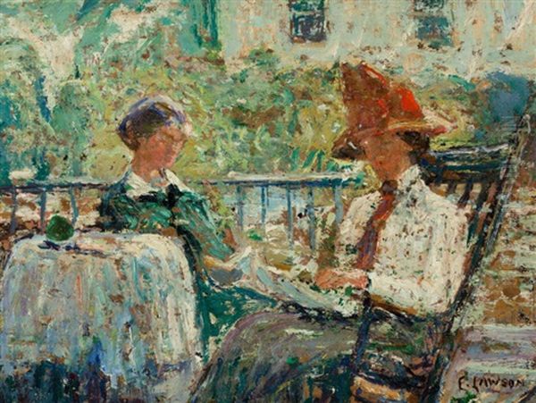 Artist's Wife And Daughter On A Porch Oil Painting by Ernest Lawson