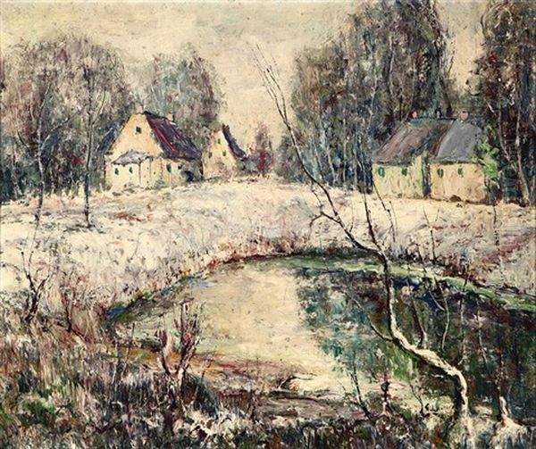 Snow Scene With Cottages Oil Painting by Ernest Lawson