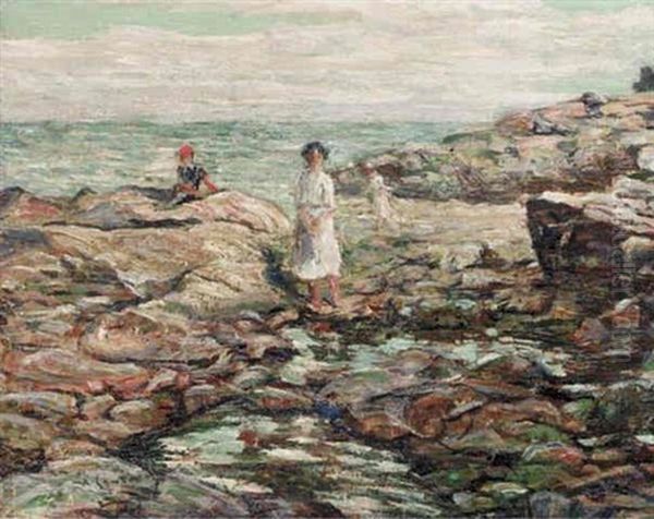 Children On A Rocky Shore Oil Painting by Ernest Lawson