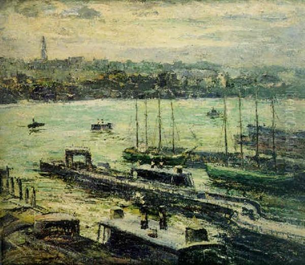 Harbor Scene, Hudson River Oil Painting by Ernest Lawson