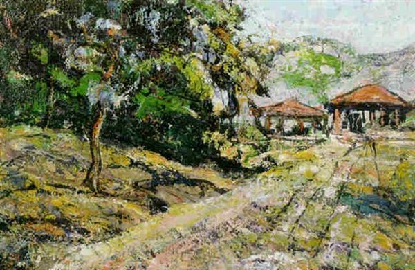 Landscape With Red Roofed Huts In The Distance Oil Painting by Ernest Lawson