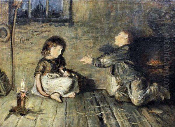 Merry Christmas - Interior Scene With Two Children Seated On The Floor By A Lamp, Relined Oil Painting by Francis Wilfred Lawson