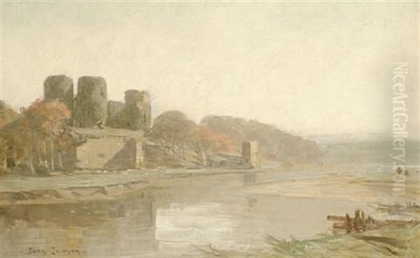 A River Landscape With A Castle In The Back Ground Oil Painting by John Lawson