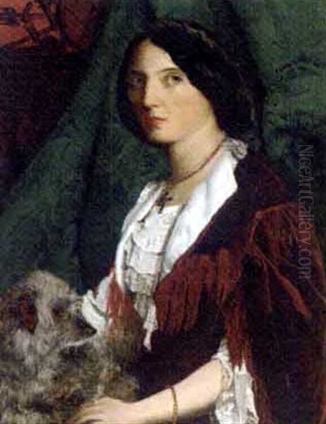 Portrait Of A Lady In A Red Velvet Dress With Lace Trim And White Collar, Holding A Dog, A Green Curtain Beyond Oil Painting by John Lawson