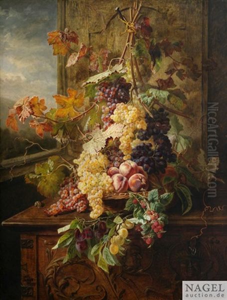 Herbstliches Stilleben Mit Trauben Und Pfirsichen Auf Einer Truhe Am Fenster Oil Painting by Jean-Pierre Lays