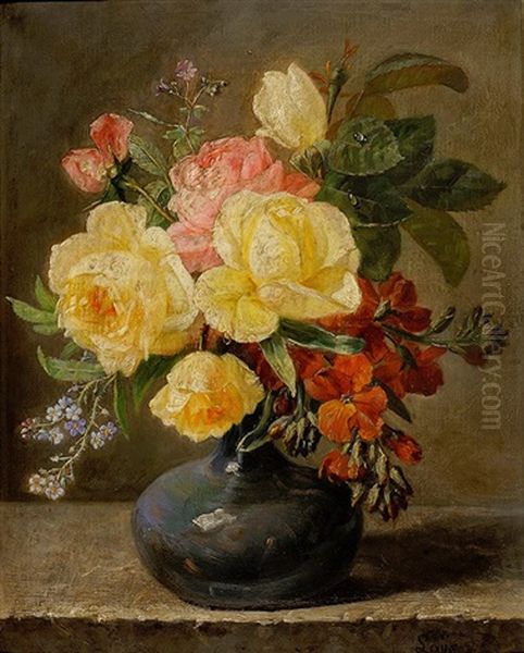 Nature Morte Au Vase De Fleurs Sur Un Entablement Oil Painting by Jean-Pierre Lays