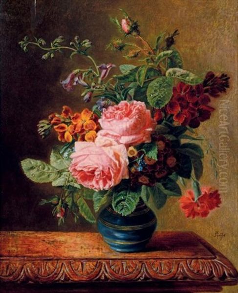 Bouquet De Fleurs Dans Un Vase Pose Sur Un Entablement Oil Painting by Jean-Pierre Lays